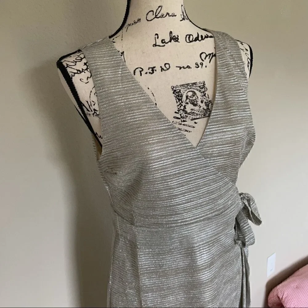 Line + Dot/ Anthropologie Semi Sheer Silver Metallic Midi Wrap Dress Size M